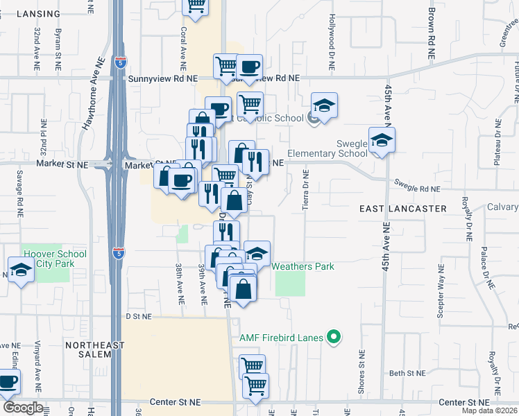 map of restaurants, bars, coffee shops, grocery stores, and more near 1494 Clay Street Northeast in Salem