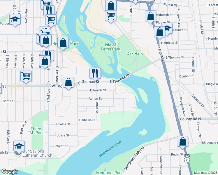 map of restaurants, bars, coffee shops, grocery stores, and more near 232 Adrian Street in Wausau