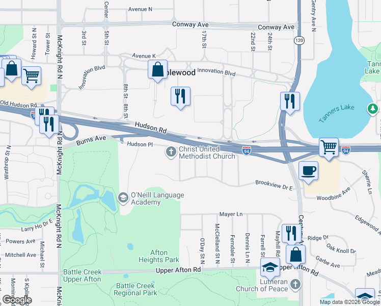 map of restaurants, bars, coffee shops, grocery stores, and more near 207 O'Day Street North in Maplewood