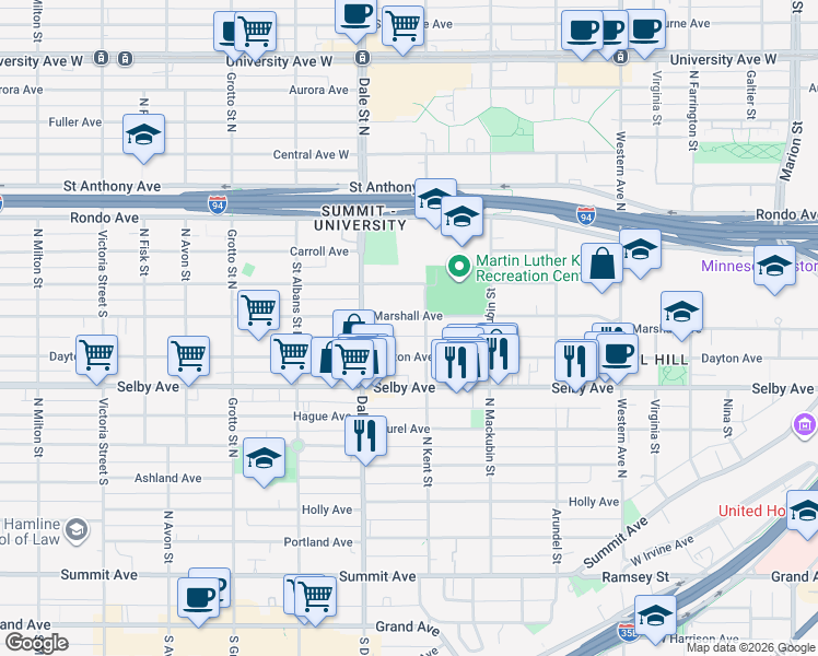 map of restaurants, bars, coffee shops, grocery stores, and more near 575 Dayton Avenue in Saint Paul