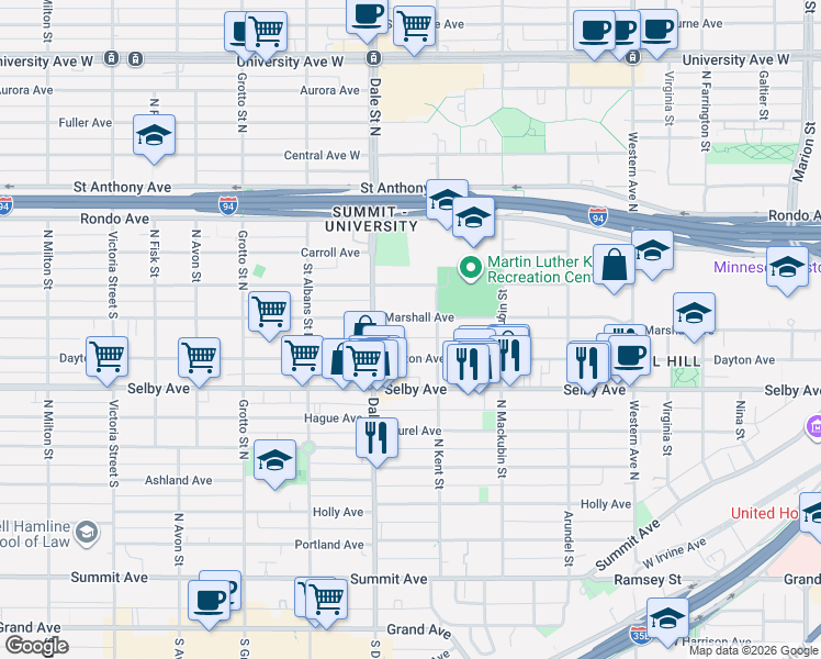 map of restaurants, bars, coffee shops, grocery stores, and more near 575 Dayton Avenue in Saint Paul