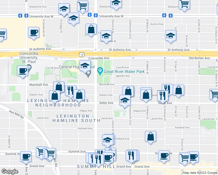 map of restaurants, bars, coffee shops, grocery stores, and more near 1035 Dayton Avenue in Saint Paul