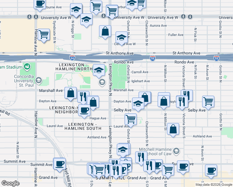 map of restaurants, bars, coffee shops, grocery stores, and more near 1075 Dayton Avenue in Saint Paul