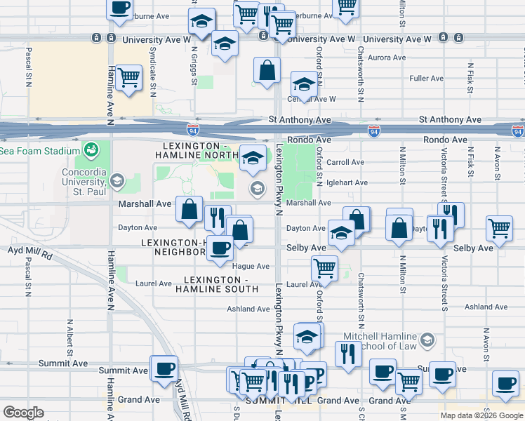 map of restaurants, bars, coffee shops, grocery stores, and more near 201 Lexington Parkway North in Saint Paul