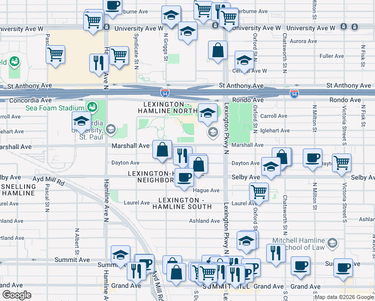 map of restaurants, bars, coffee shops, grocery stores, and more near 1181 1/2 Dayton Avenue in Saint Paul