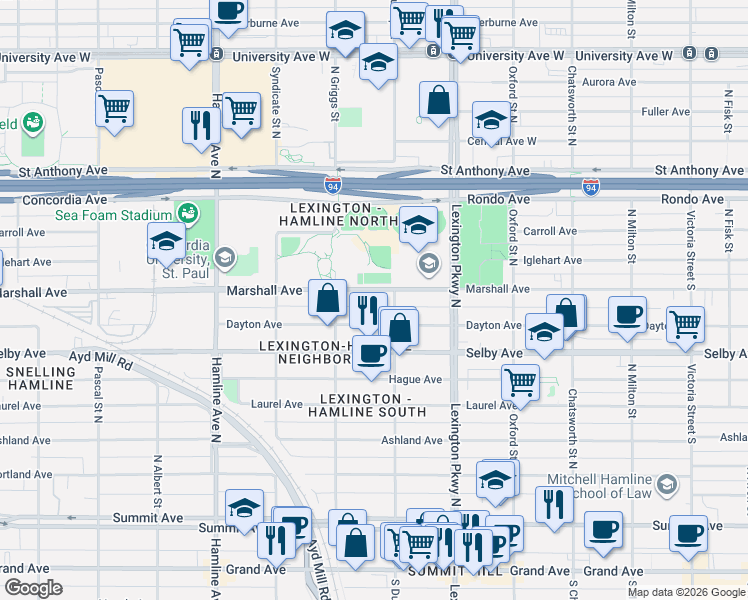 map of restaurants, bars, coffee shops, grocery stores, and more near 1181 1/2 Dayton Avenue in Saint Paul