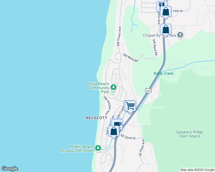 map of restaurants, bars, coffee shops, grocery stores, and more near 2660 Southwest Anchor Avenue in Lincoln City