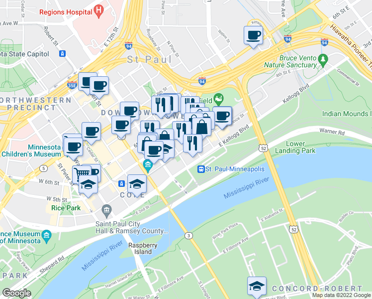 map of restaurants, bars, coffee shops, grocery stores, and more near 195 Kellogg Boulevard in Saint Paul
