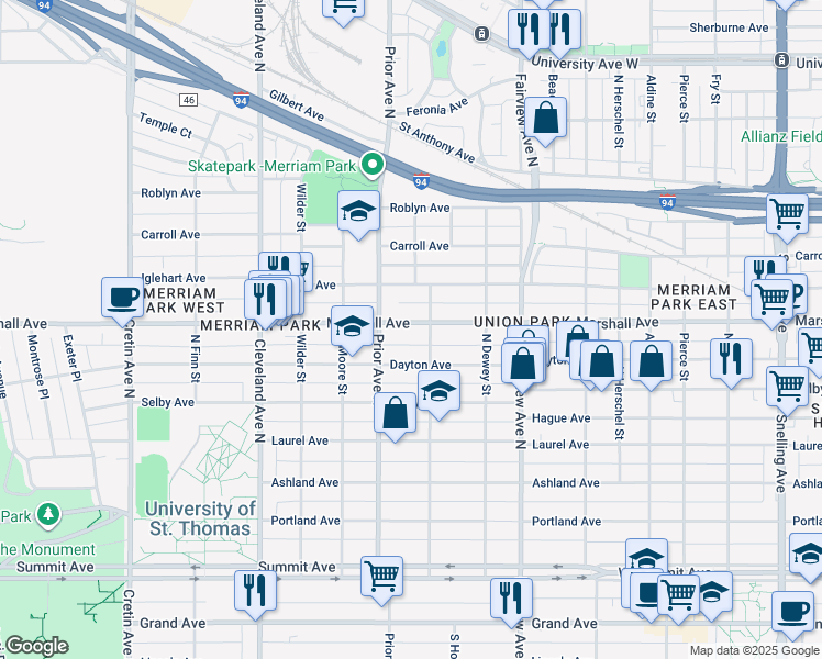 map of restaurants, bars, coffee shops, grocery stores, and more near 1920 Marshall Ave in St Paul