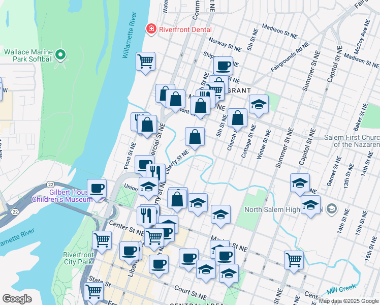 map of restaurants, bars, coffee shops, grocery stores, and more near 888 Liberty Street Northeast in Salem