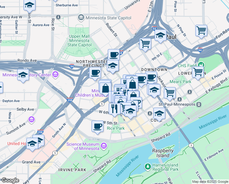 map of restaurants, bars, coffee shops, grocery stores, and more near 467 Wabasha Street North in Saint Paul