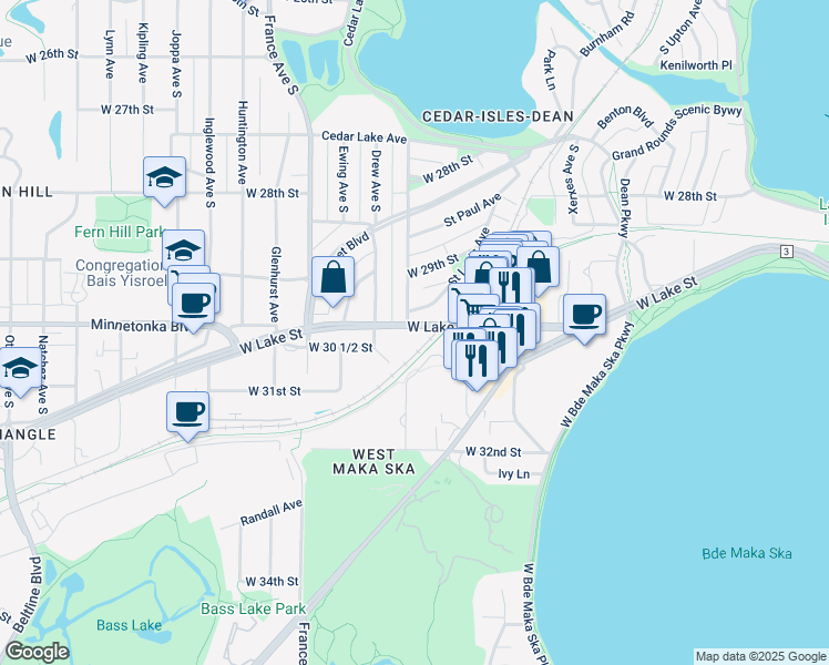 map of restaurants, bars, coffee shops, grocery stores, and more near 3421 West Lake Street in Minneapolis
