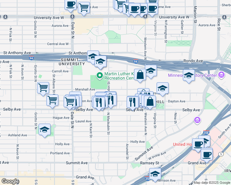 map of restaurants, bars, coffee shops, grocery stores, and more near 478 Marshall Avenue in Saint Paul
