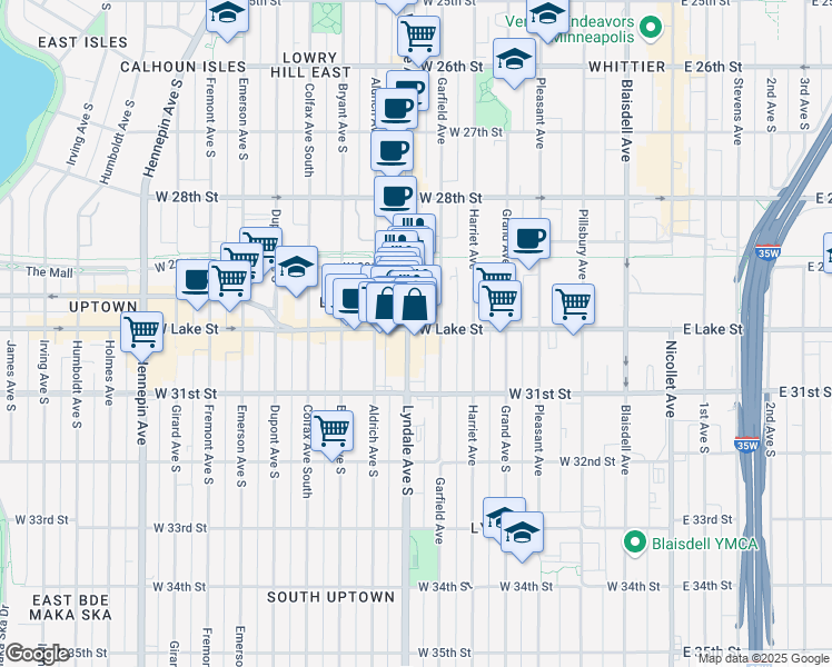 map of restaurants, bars, coffee shops, grocery stores, and more near 621 West Lake Street in Minneapolis