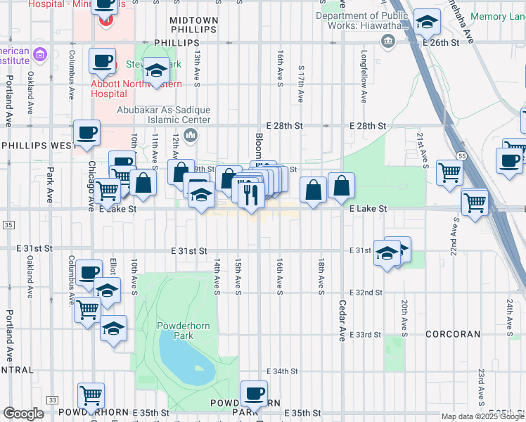 map of restaurants, bars, coffee shops, grocery stores, and more near 1527 East Lake Street in Minneapolis