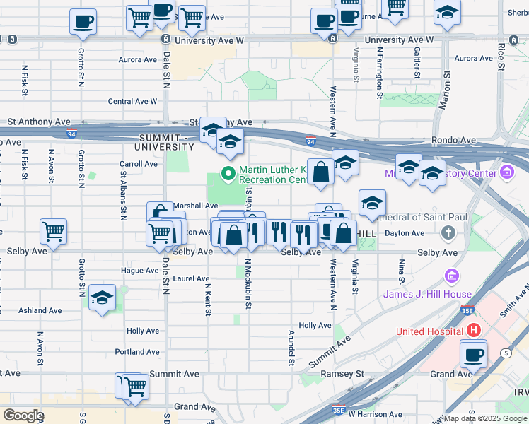 map of restaurants, bars, coffee shops, grocery stores, and more near 478 Marshall Avenue in Saint Paul