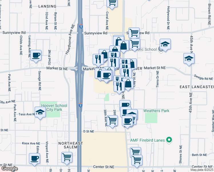 map of restaurants, bars, coffee shops, grocery stores, and more near 3700 Market Street Northeast in Salem