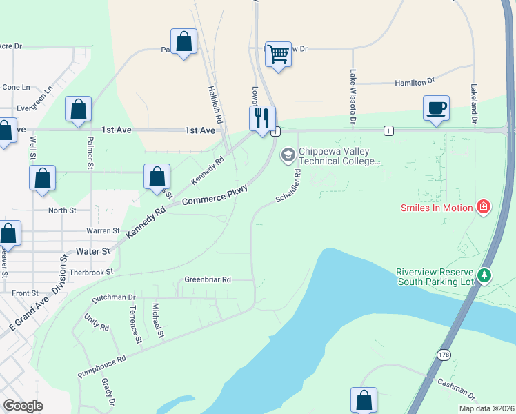 map of restaurants, bars, coffee shops, grocery stores, and more near 320 Scheidler Road in Chippewa Falls