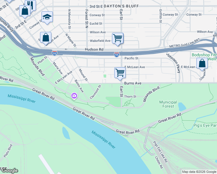 map of restaurants, bars, coffee shops, grocery stores, and more near 1027 Burns Avenue in Saint Paul