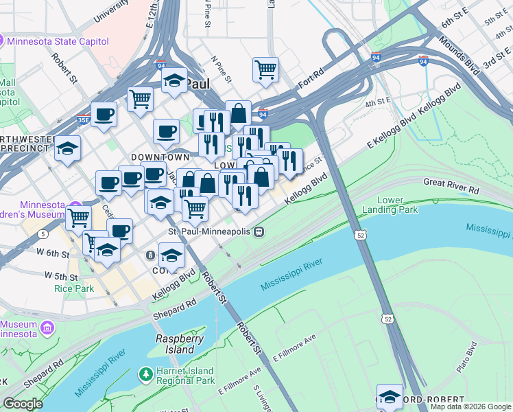 map of restaurants, bars, coffee shops, grocery stores, and more near 244 4th Street East in Saint Paul