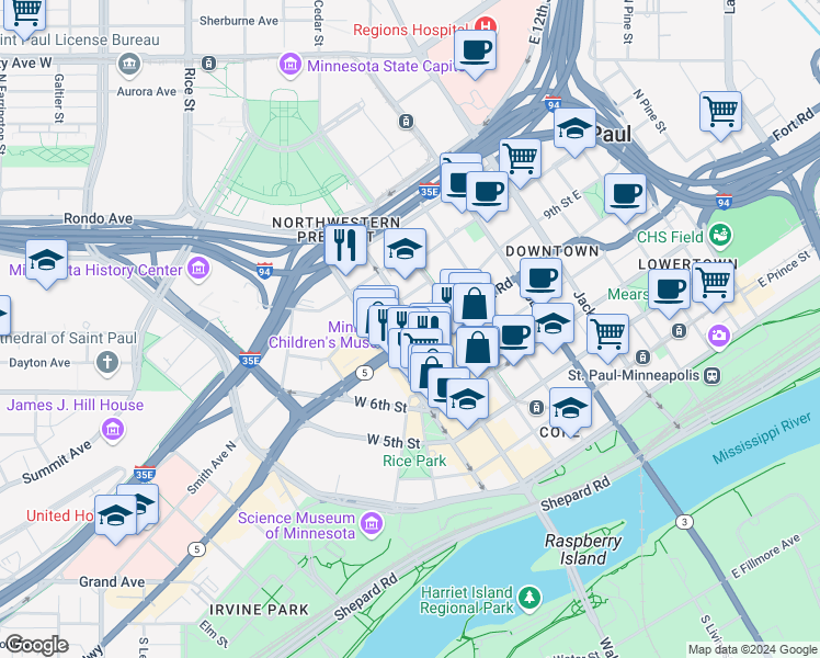map of restaurants, bars, coffee shops, grocery stores, and more near 10 East Exchange Street in Saint Paul