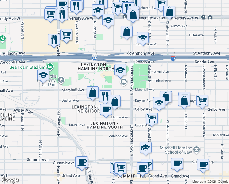 map of restaurants, bars, coffee shops, grocery stores, and more near 275 Lexington Parkway North in Saint Paul