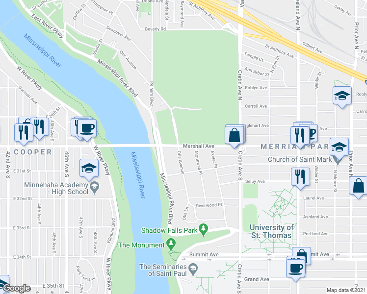 map of restaurants, bars, coffee shops, grocery stores, and more near 263 Otis Avenue in Saint Paul