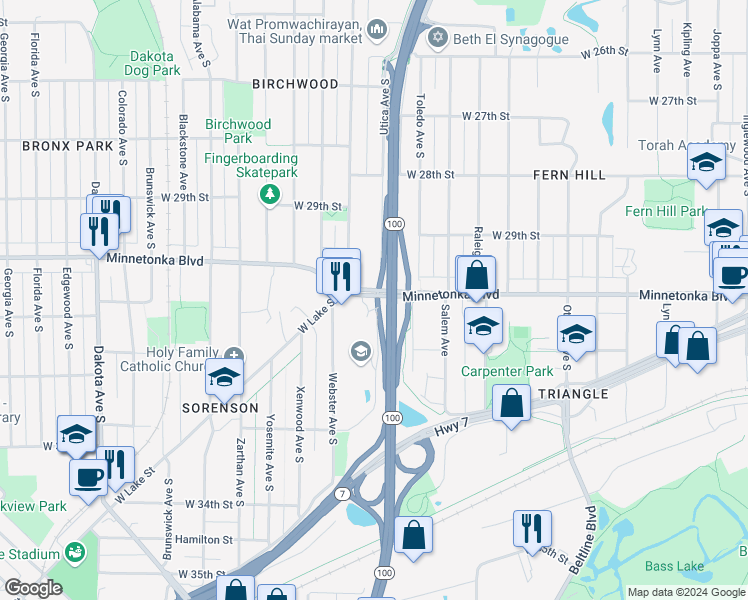 map of restaurants, bars, coffee shops, grocery stores, and more near Minnesota 100 in St. Louis Park