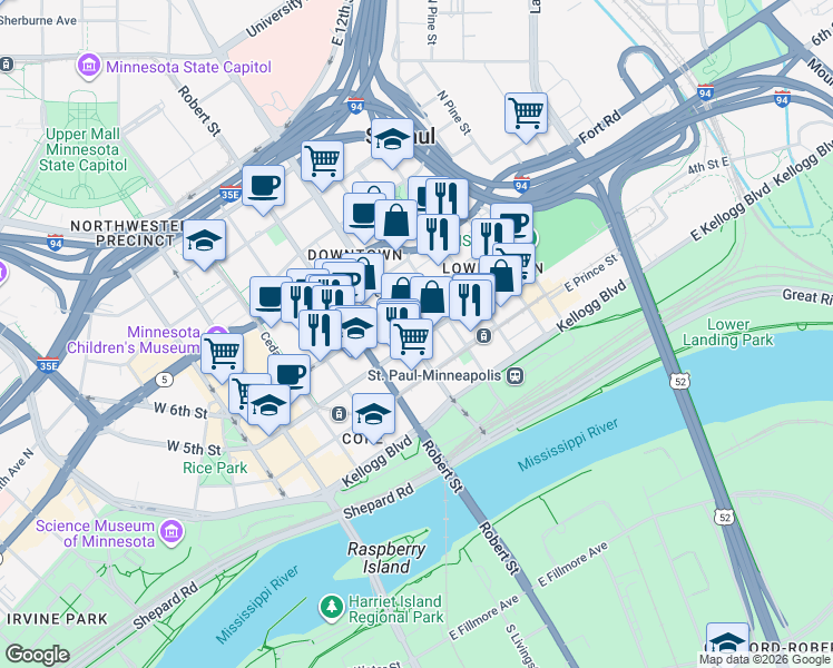 map of restaurants, bars, coffee shops, grocery stores, and more near 366 Jackson Street in Saint Paul