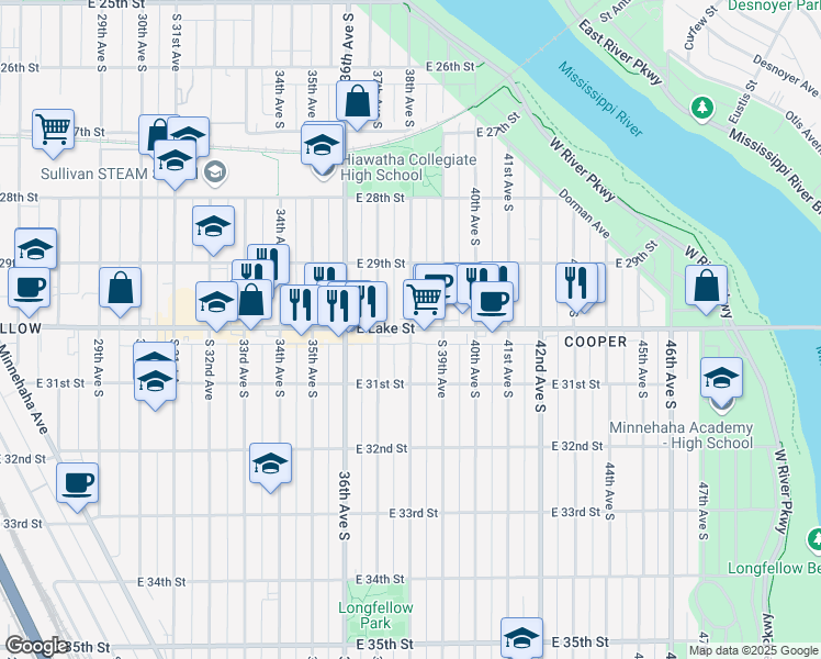map of restaurants, bars, coffee shops, grocery stores, and more near E Lake St & 38th Ave S in Minneapolis