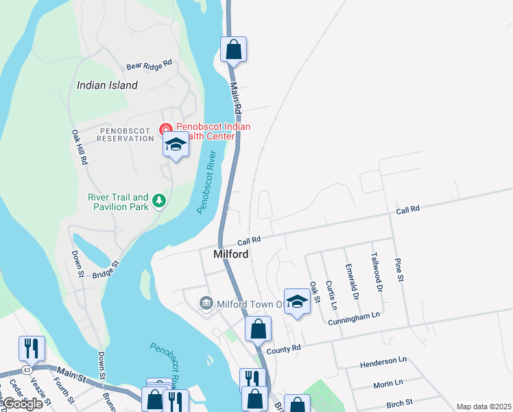 map of restaurants, bars, coffee shops, grocery stores, and more near 111 Main Road in Milford