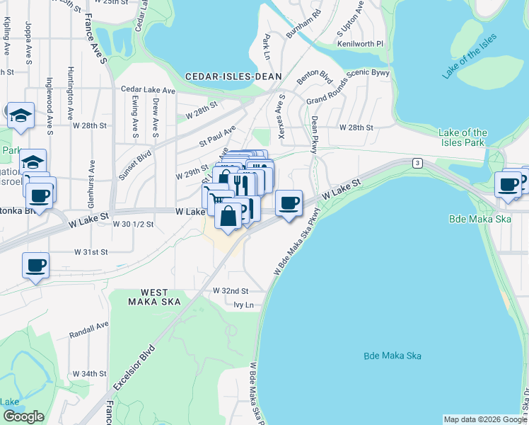 map of restaurants, bars, coffee shops, grocery stores, and more near in Minneapolis