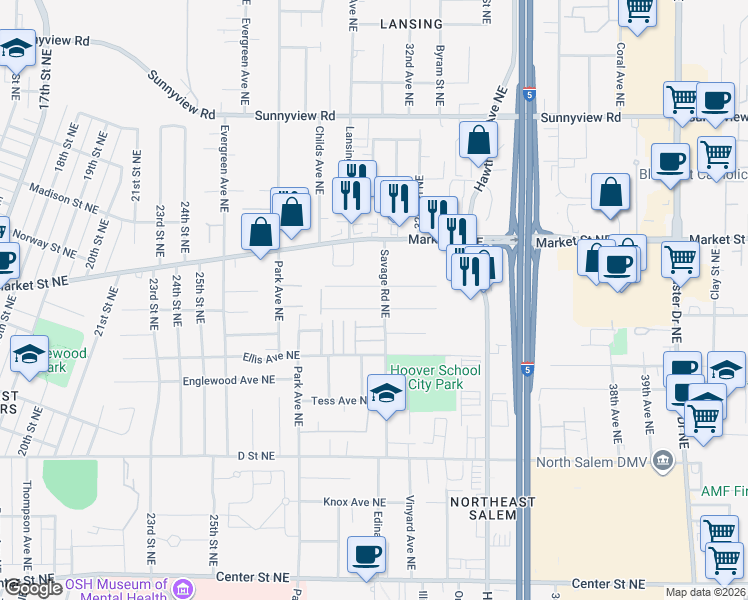 map of restaurants, bars, coffee shops, grocery stores, and more near 1629 Savage Road Northeast in Salem