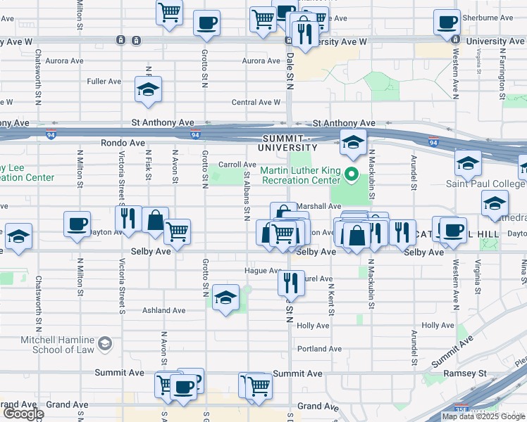 map of restaurants, bars, coffee shops, grocery stores, and more near 650 Marshall Avenue in Saint Paul