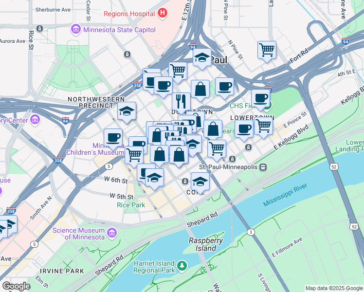 map of restaurants, bars, coffee shops, grocery stores, and more near 401 Robert Street North in Saint Paul