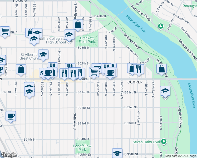 map of restaurants, bars, coffee shops, grocery stores, and more near East Lake Street & 39th Avenue South in Minneapolis