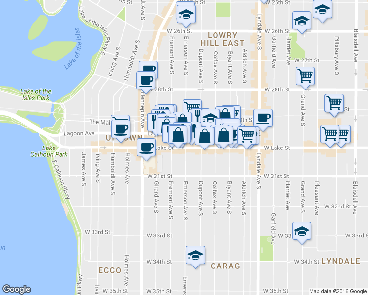 map of restaurants, bars, coffee shops, grocery stores, and more near 1125 Lagoon Avenue in Minneapolis