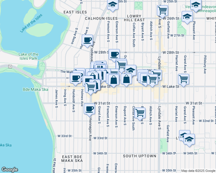map of restaurants, bars, coffee shops, grocery stores, and more near W Lake St & Fremont Ave S in Minneapolis