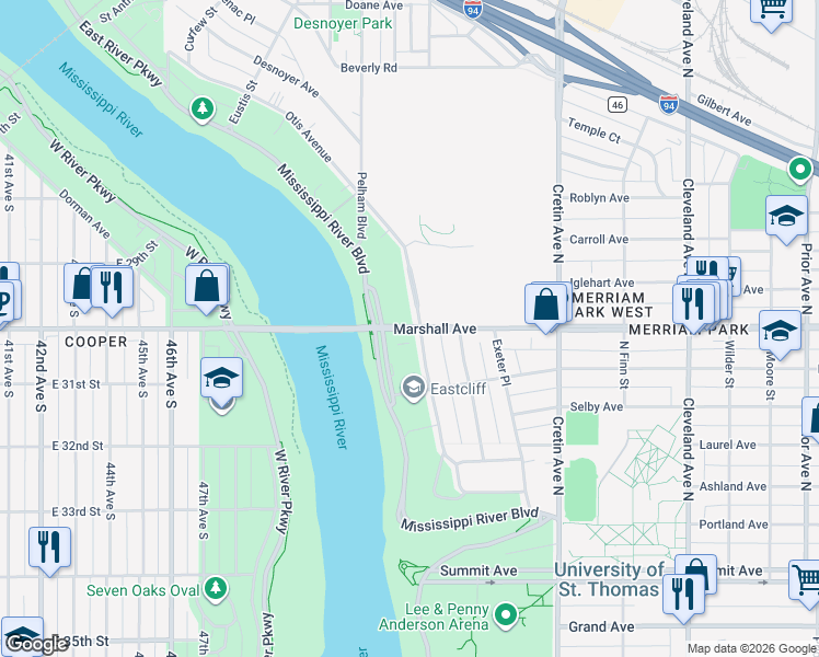 map of restaurants, bars, coffee shops, grocery stores, and more near 2338 Marshall Ave in St Paul