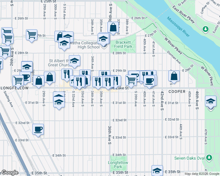 map of restaurants, bars, coffee shops, grocery stores, and more near East Lake Street & 36th Avenue South in Minneapolis