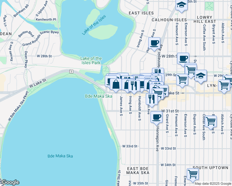 map of restaurants, bars, coffee shops, grocery stores, and more near West Lake Street in Minneapolis