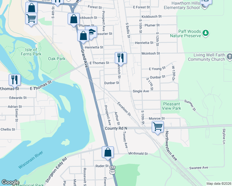 map of restaurants, bars, coffee shops, grocery stores, and more near 811 Dunbar Street in Wausau