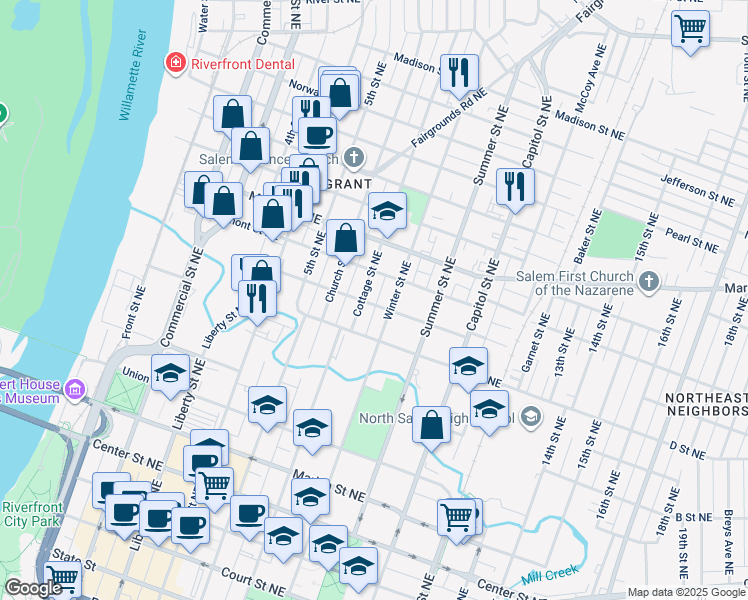 map of restaurants, bars, coffee shops, grocery stores, and more near 1065 Cottage Street Northeast in Salem