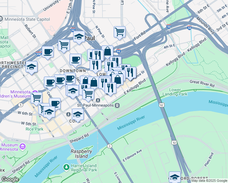 map of restaurants, bars, coffee shops, grocery stores, and more near 244 4th Street East in Saint Paul