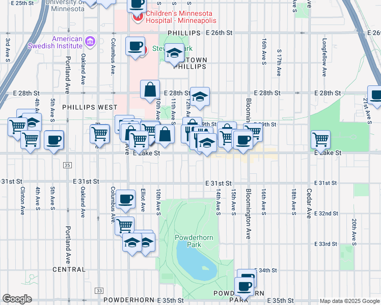 map of restaurants, bars, coffee shops, grocery stores, and more near 1111 East Lake Street in Minneapolis