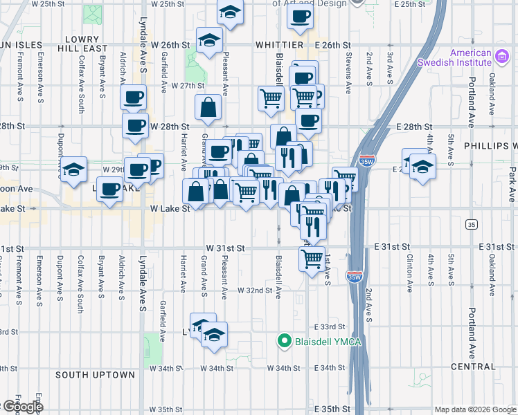 map of restaurants, bars, coffee shops, grocery stores, and more near 124 West Lake Street in Minneapolis