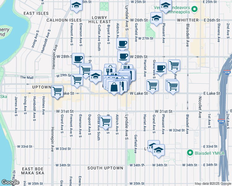 map of restaurants, bars, coffee shops, grocery stores, and more near 2928 Aldrich Avenue South in Minneapolis