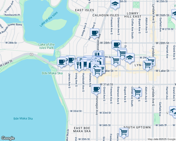 map of restaurants, bars, coffee shops, grocery stores, and more near 2878 Holmes Avenue in Minneapolis