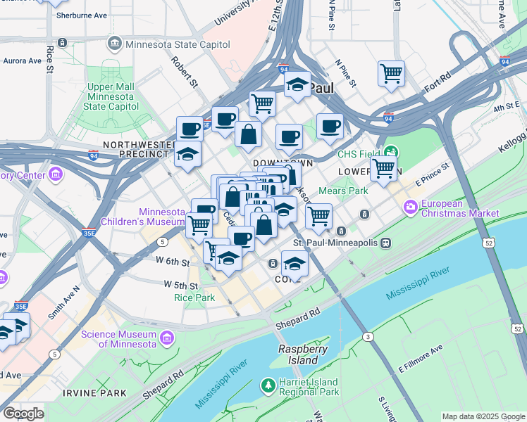 map of restaurants, bars, coffee shops, grocery stores, and more near 401 Robert Street North in Saint Paul