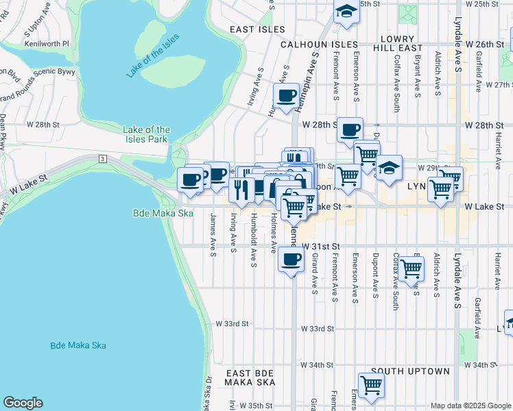 map of restaurants, bars, coffee shops, grocery stores, and more near 2878 Holmes Avenue in Minneapolis